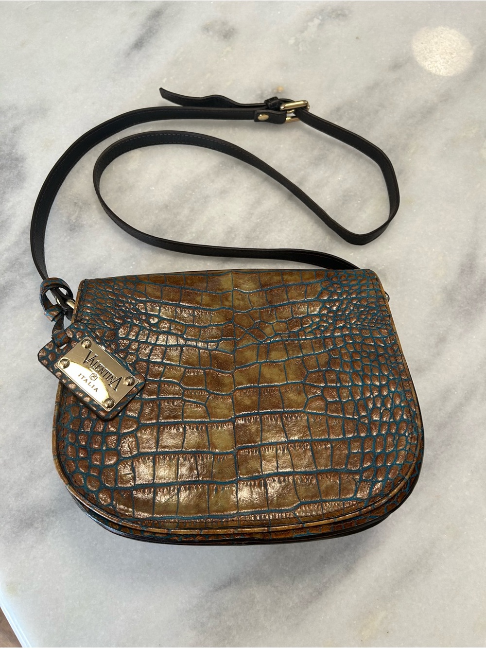 Valentina Croc Embossed Leather Crossbody Satchel Purse Italy
